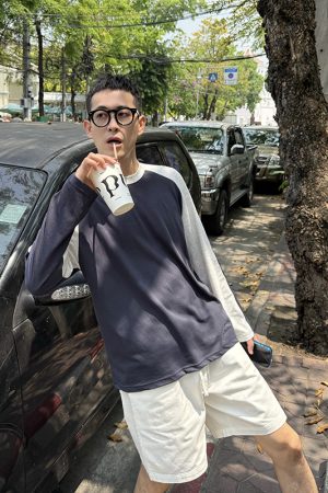 Color-Blocked Thin Long Sleeve Sun Protection T-Shirt for Men - Summer Casual Versatile Style, Perfect for Y2K and 90s Fashion
