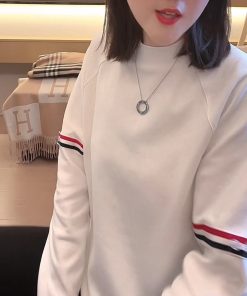 Color-Blocked Woven Belt Mid-Length T-Shirt for Women - European Style, Loose Fit, Flattering Side Slits, Autumn/Winter 2025 Fashion