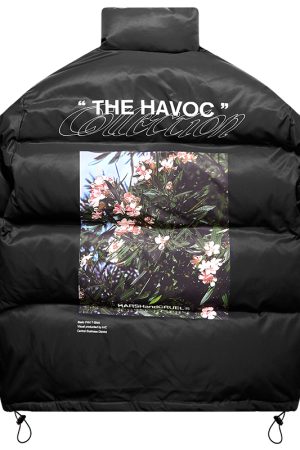 Color-Blocking Floral Print Loose Quilted Down Cotton Jacket with Sky Photography Design - Street Style Outerwear