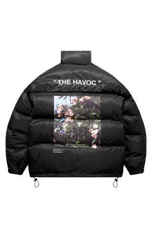 Color-Blocking Floral Print Loose Quilted Down Cotton Jacket with Sky Photography Design - Street Style Outerwear