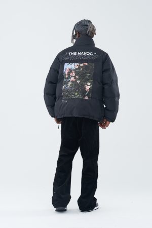 Color-Blocking Floral Print Loose Quilted Down Cotton Jacket with Sky Photography Design - Street Style Outerwear