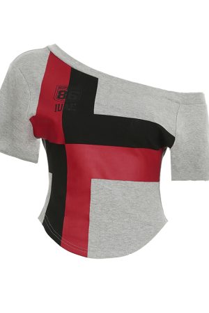 Color-Blocking Printed Off-Shoulder T-Shirt â€“ Loose Fit, Ruffled Waist, Cropped Design â€“ 90s Inspired Sports Jersey Style