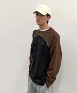 Color-Blocking Spliced Long Sleeve T-Shirt - Roaring Beast Round Neck Pure Cotton Top for Casual Y2K Style Fashion