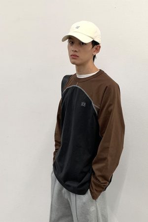 Color-Blocking Spliced Long Sleeve T-Shirt - Roaring Beast Round Neck Pure Cotton Top for Casual Y2K Style Fashion