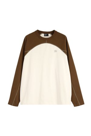 Color-Blocking Spliced Long Sleeve T-Shirt - Roaring Beast Round Neck Pure Cotton Top for Casual Y2K Style Fashion
