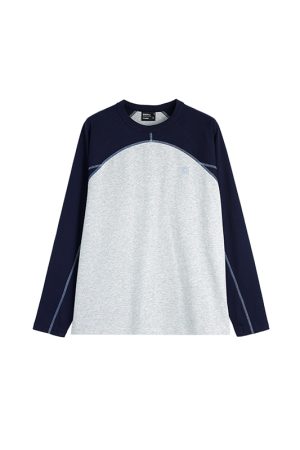 Color-Blocking Spliced Long Sleeve T-Shirt - Roaring Beast Round Neck Pure Cotton Top for Casual Y2K Style Fashion
