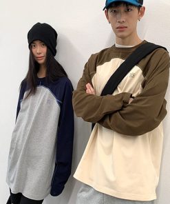 Color-Blocking Spliced Long Sleeve T-Shirt - Roaring Beast Round Neck Pure Cotton Top for Casual Y2K Style Fashion