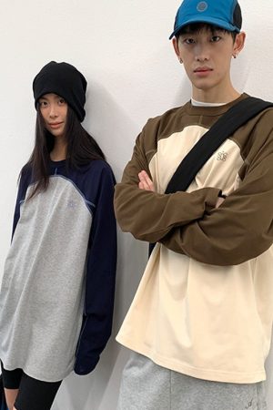 Color-Blocking Spliced Long Sleeve T-Shirt - Roaring Beast Round Neck Pure Cotton Top for Casual Y2K Style Fashion