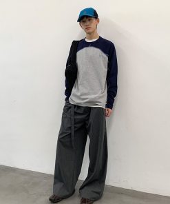 Color-Blocking Spliced Long Sleeve T-Shirt - Roaring Beast Round Neck Pure Cotton Top for Casual Y2K Style Fashion