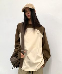 Color-Blocking Spliced Long Sleeve T-Shirt - Roaring Beast Round Neck Pure Cotton Top for Casual Y2K Style Fashion