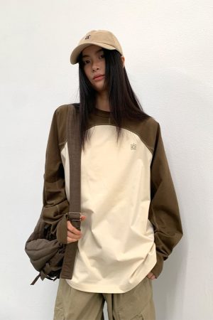 Color-Blocking Spliced Long Sleeve T-Shirt - Roaring Beast Round Neck Pure Cotton Top for Casual Y2K Style Fashion