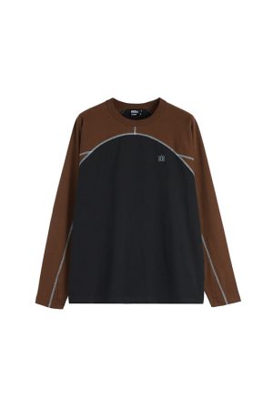 Color-Blocking Spliced Long Sleeve T-Shirt - Roaring Beast Round Neck Pure Cotton Top for Casual Y2K Style Fashion