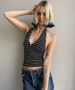 Color-Blocking Striped Halter Top - Slim-Fit Deep V-Neck Backless Design for European American Street Style Fashion