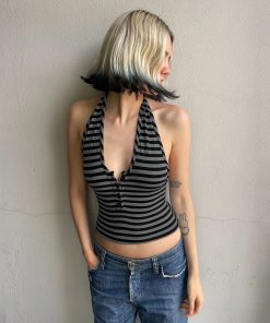 Color-Blocking Striped Halter Top - Slim-Fit Deep V-Neck Backless Design for European American Street Style Fashion
