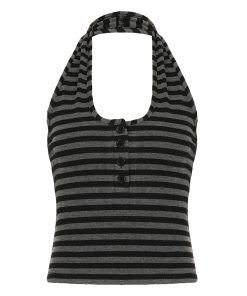 Color-Blocking Striped Halter Top - Slim-Fit Deep V-Neck Backless Design for European American Street Style Fashion