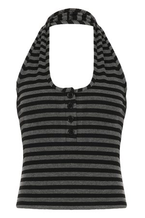 Color-Blocking Striped Halter Top - Slim-Fit Deep V-Neck Backless Design for European American Street Style Fashion