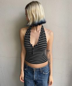 Color-Blocking Striped Halter Top - Slim-Fit Deep V-Neck Backless Design for European American Street Style Fashion