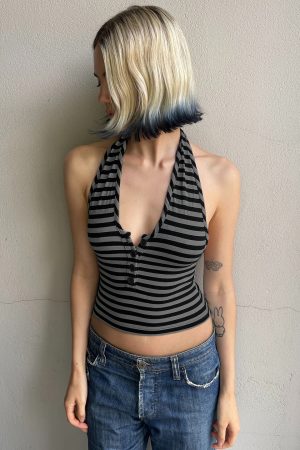 Color-Blocking Striped Halter Top - Slim-Fit Deep V-Neck Backless Design for European American Street Style Fashion