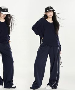 Color-Blocking Striped Wide-Leg Sports Pants for Women - Casual Loose Fit Autumn Fashion