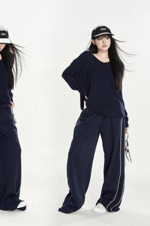 Color-Blocking Striped Wide-Leg Sports Pants for Women - Casual Loose Fit Autumn Fashion