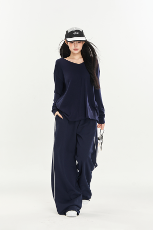 Color-Blocking Striped Wide-Leg Sports Pants for Women - Casual Loose Fit Autumn Fashion