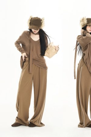 Color-Blocking Striped Wide-Leg Sports Pants for Women - Casual Loose Fit Autumn Fashion