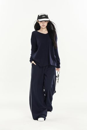 Color-Blocking Striped Wide-Leg Sports Pants for Women - Casual Loose Fit Autumn Fashion