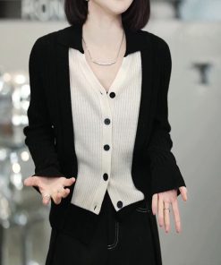 Color-Blocking V-Neck Knitted Cardigan for Women - Slim Fit Sweater Jacket, 2025 Autumn Style, Trendy Layering Piece