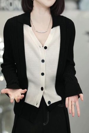 Color-Blocking V-Neck Knitted Cardigan for Women - Slim Fit Sweater Jacket, 2025 Autumn Style, Trendy Layering Piece