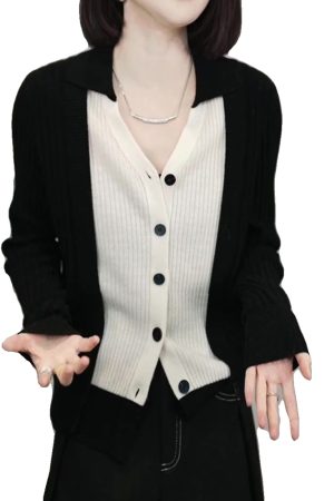 Color-Blocking V-Neck Knitted Cardigan for Women - Slim Fit Sweater Jacket, 2025 Autumn Style, Trendy Layering Piece