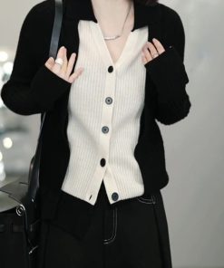Color-Blocking V-Neck Knitted Cardigan for Women - Slim Fit Sweater Jacket, 2025 Autumn Style, Trendy Layering Piece