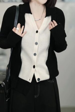 Color-Blocking V-Neck Knitted Cardigan for Women - Slim Fit Sweater Jacket, 2025 Autumn Style, Trendy Layering Piece