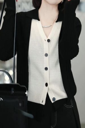 Color-Blocking V-Neck Knitted Cardigan for Women - Slim Fit Sweater Jacket, 2025 Autumn Style, Trendy Layering Piece