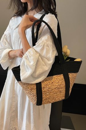 Color-Blocking Woven Tote Bag for Women - 2025 Summer Vacation Beach Straw Handheld Basket Bag