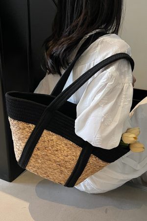 Color-Blocking Woven Tote Bag for Women - 2025 Summer Vacation Beach Straw Handheld Basket Bag