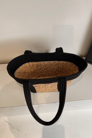 Color-Blocking Woven Tote Bag for Women - 2025 Summer Vacation Beach Straw Handheld Basket Bag