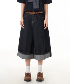Color Pleated Edge Denim Capris for Women - Vintage Loose Wide-Leg Slimming Versatile Shorts in 90s American Style