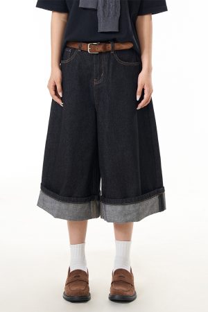 Color Pleated Edge Denim Capris for Women - Vintage Loose Wide-Leg Slimming Versatile Shorts in 90s American Style