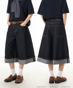 Color Pleated Edge Denim Capris for Women - Vintage Loose Wide-Leg Slimming Versatile Shorts in 90s American Style