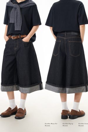 Color Pleated Edge Denim Capris for Women - Vintage Loose Wide-Leg Slimming Versatile Shorts in 90s American Style