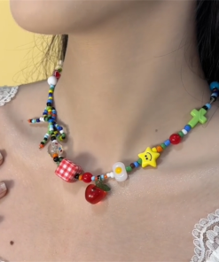 Colorful Apple Star Bead Necklace - High-End Clavicle Chain for Women, Personality Temperament Jewelry, Trendy Statement Accessory