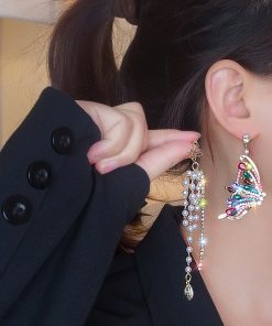 Colorful Asymmetrical Butterfly Pearl Tassel Earrings for Women - Trendy 2025 Japanese & Korean Style Fashion Statement Jewelry