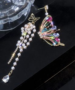 Colorful Asymmetrical Butterfly Pearl Tassel Earrings for Women - Trendy 2025 Japanese & Korean Style Fashion Statement Jewelry