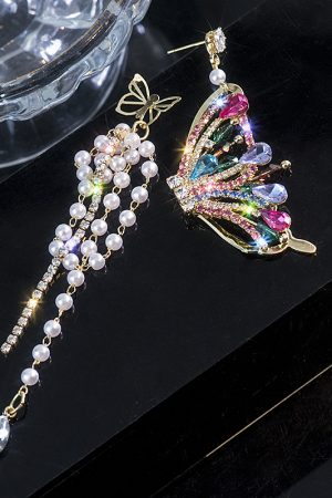Colorful Asymmetrical Butterfly Pearl Tassel Earrings for Women - Trendy 2025 Japanese & Korean Style Fashion Statement Jewelry