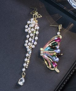 Colorful Asymmetrical Butterfly Pearl Tassel Earrings for Women - Trendy 2025 Japanese & Korean Style Fashion Statement Jewelry