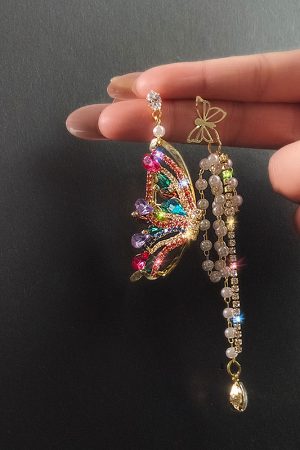 Colorful Asymmetrical Butterfly Pearl Tassel Earrings for Women - Trendy 2025 Japanese & Korean Style Fashion Statement Jewelry