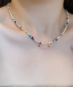 Colorful Beaded Shattered Silver Necklace - Summer Layered Clavicle Chain for High-End Style and Niche Fashion
