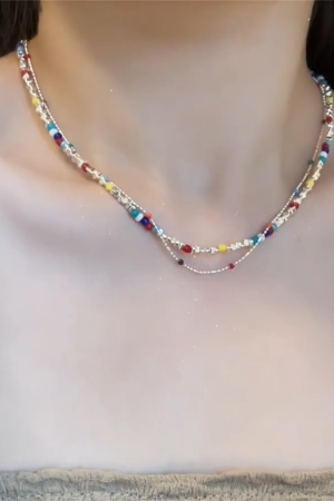 Colorful Beaded Shattered Silver Necklace - Summer Layered Clavicle Chain for High-End Style and Niche Fashion