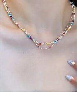 Colorful Beaded Shattered Silver Necklace - Summer Layered Clavicle Chain for High-End Style and Niche Fashion