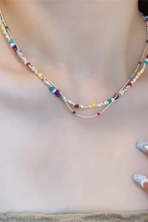 Colorful Beaded Shattered Silver Necklace - Summer Layered Clavicle Chain for High-End Style and Niche Fashion